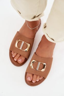 Moteriškos šlepetės su aukso detalėmis, kamelės spalvos „Elmera“