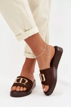 Moteriškos šokolado spalvos šlepetės su aukso detalėmis Elmera