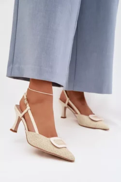 Moteriški aukštakulniai sandalai su dekoratyviniu elementu, smėlio spalvos „Eslina“