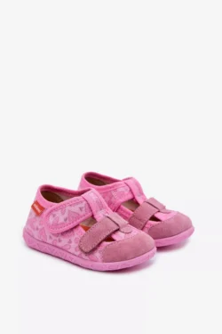 Vaikiškos Milami šlepetės, blizgančios su širdelėmis, rožinės, užsegamos „Velcro“