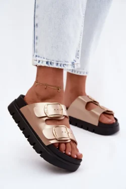 Moteriškos platforminės šlepetės su sagtimis Lee Cooper LCW-26-35-4462L auksinės