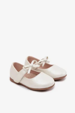 Pagrindinis-4 18 Vaikiški balerinos bateliai su „Velcro“ užsegimu ir kaspinėliu Ecru Drippy
