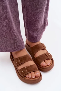 Odiniai zomšiniai moteriški šlepetės su platforma Vinceza 66916 Camel