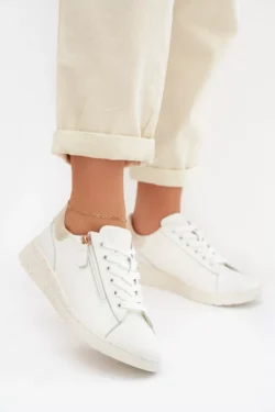 Odiniai moteriški plokščiapadžiai bateliai su užtrauktuku, balti ir auksiniai „Dorothea“