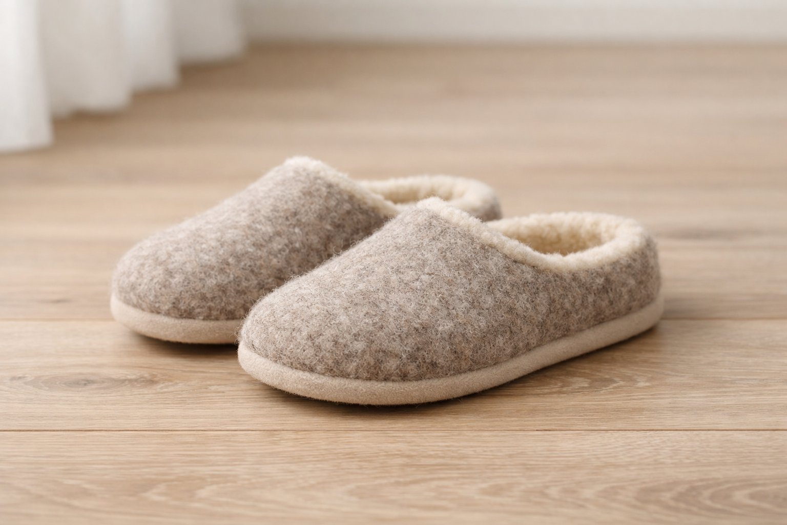 Porą vilnonių šlepečių ant šviesių medinių grindų.