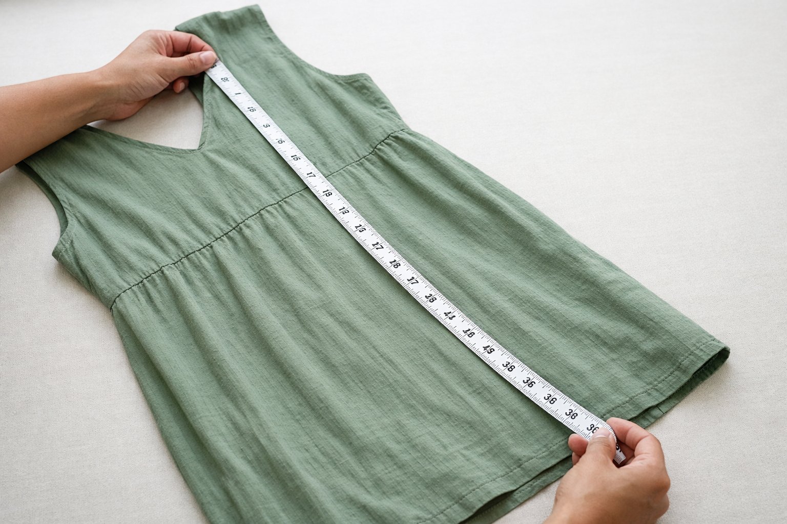 Kaip matuojamas suknelės ilgis 5 Asmuo matuoja suknelės ilgį naudodamas matavimo juostą, suknelė išdėstyta ant plokščio paviršiaus.