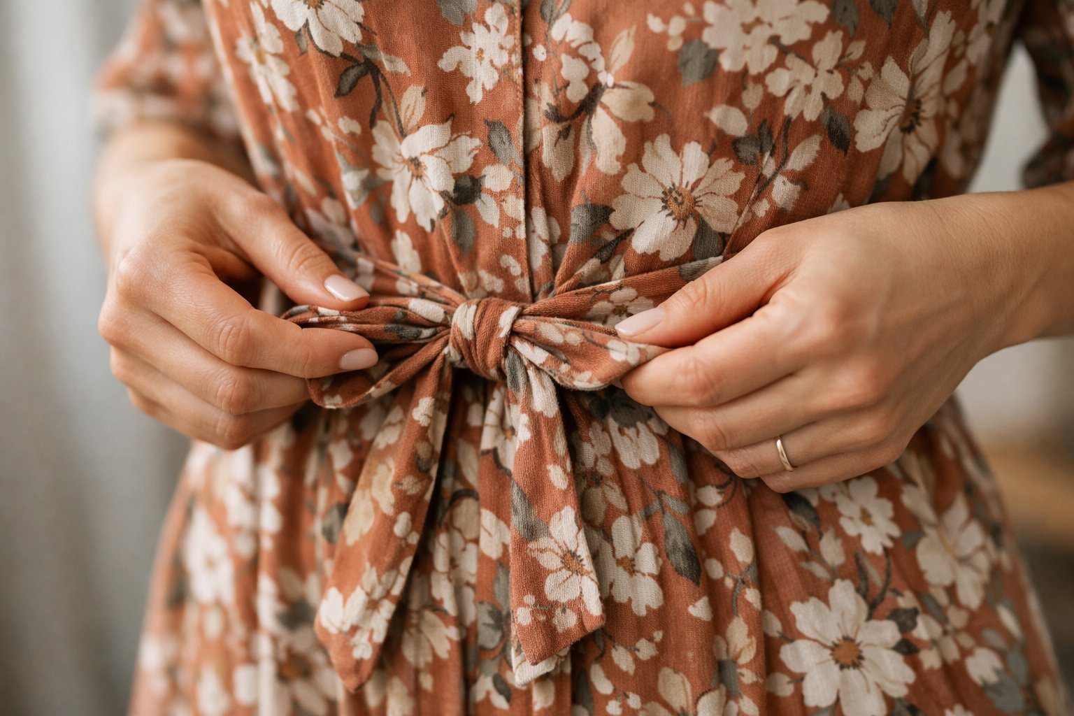 Kaip surišti suknelės diržą 4 Rankos suriša diržą suknelės juosmenyje.