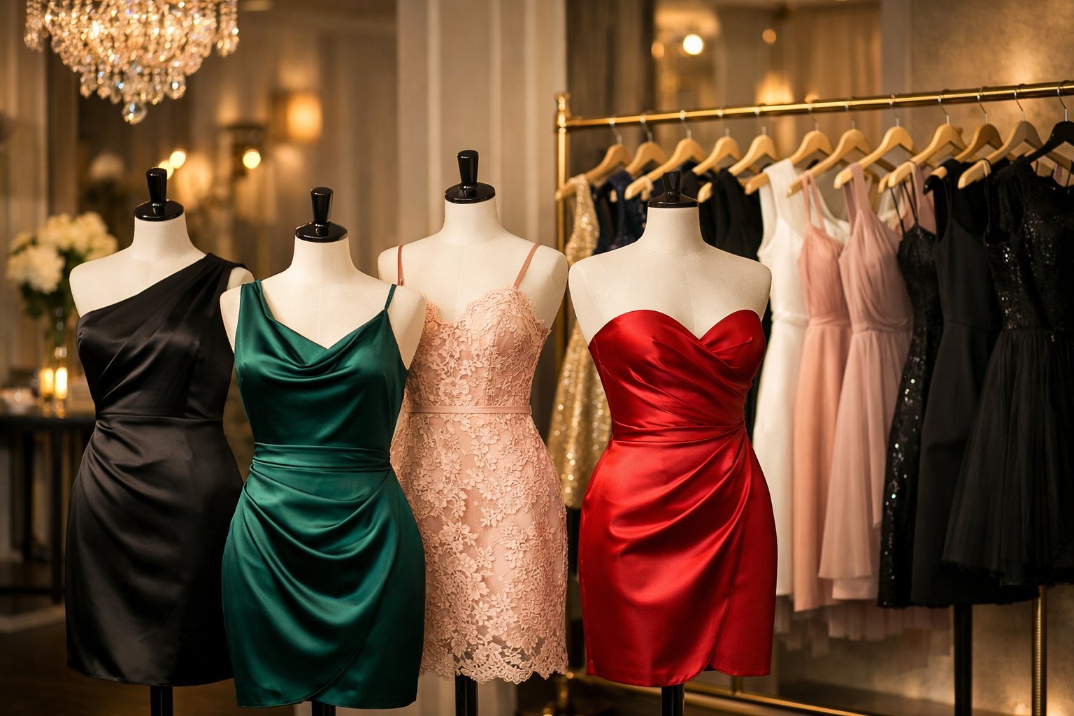 Kokteilinės suknelės: kas tai ir kaip išsirinkti geriausią variantą 3 Elegantiškos kokteilinės suknelės parduotuvėje ant manekenų ir pakabų.