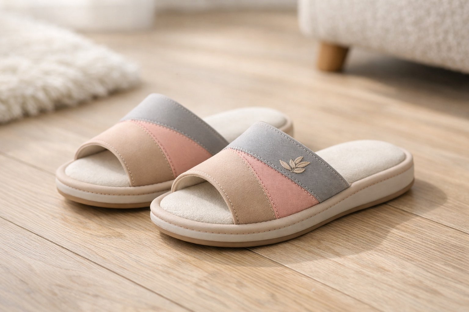 2026 moteriškų šlepečių tendencija 2 Moteriškos šlepetės ant šviesaus medinio grindų paviršiaus, šalia jaukus interjero elementas.